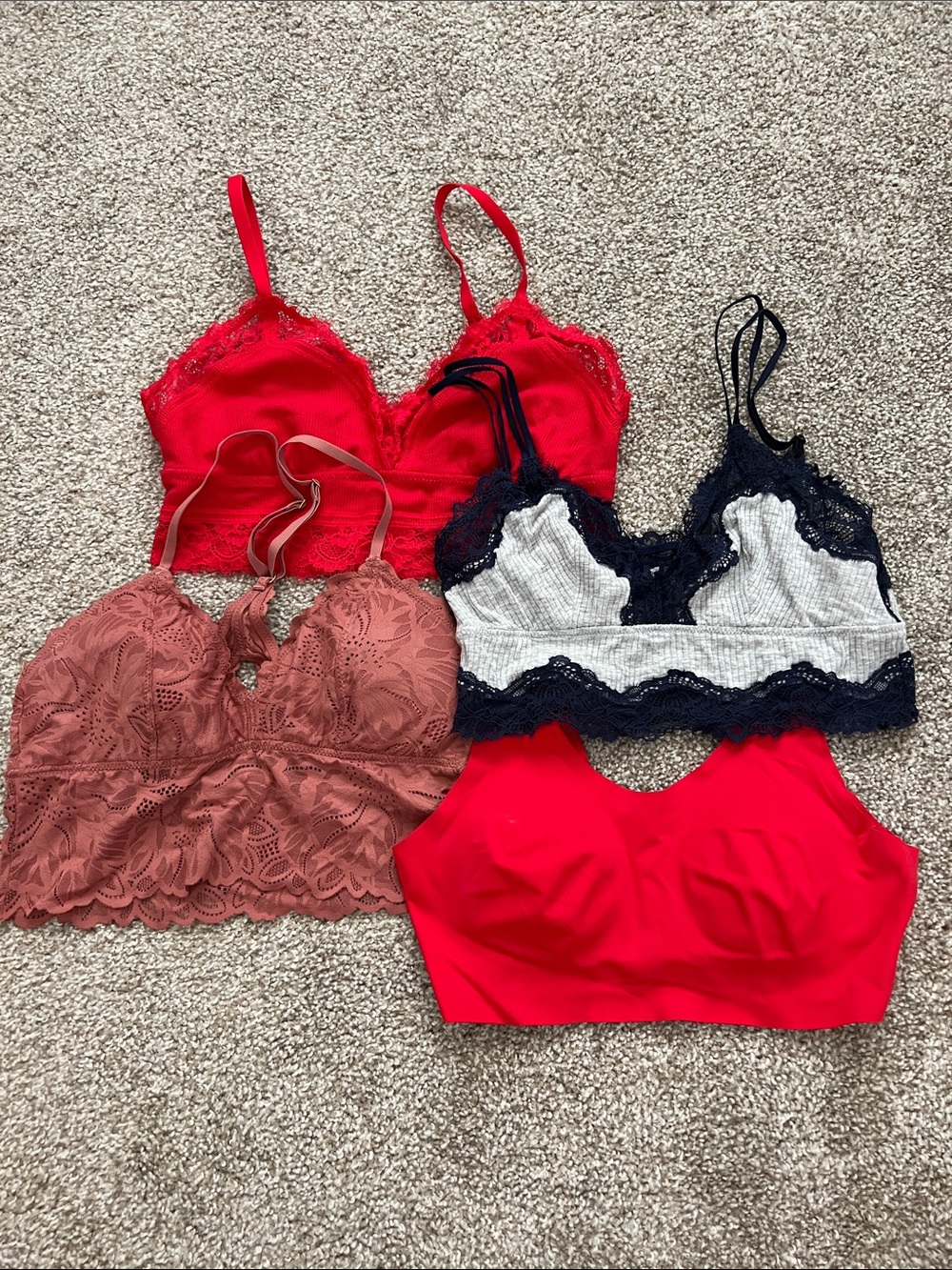 aerie Lace & Ribbed Bralette Set in Red, Dusty Rose, Navy